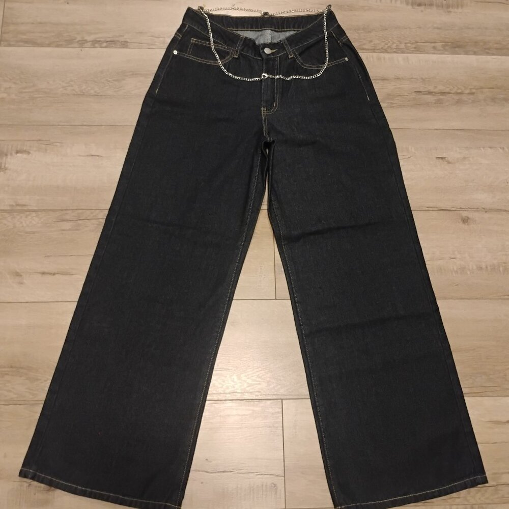 SHEIN Women's Loose Fit Patch Pocket V-Shape Low-Waist Wide Leg Casual Jeans